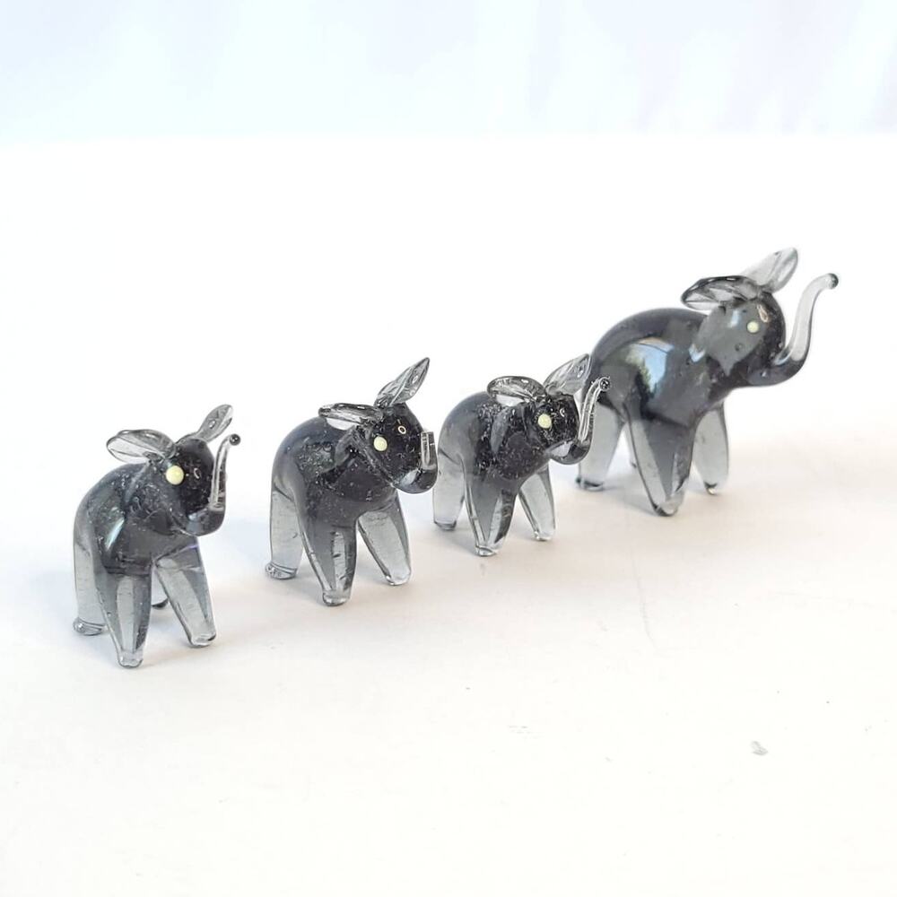 Set of 4 Vintage Handblown Glass Miniature Black Elephant Figurines Family Small